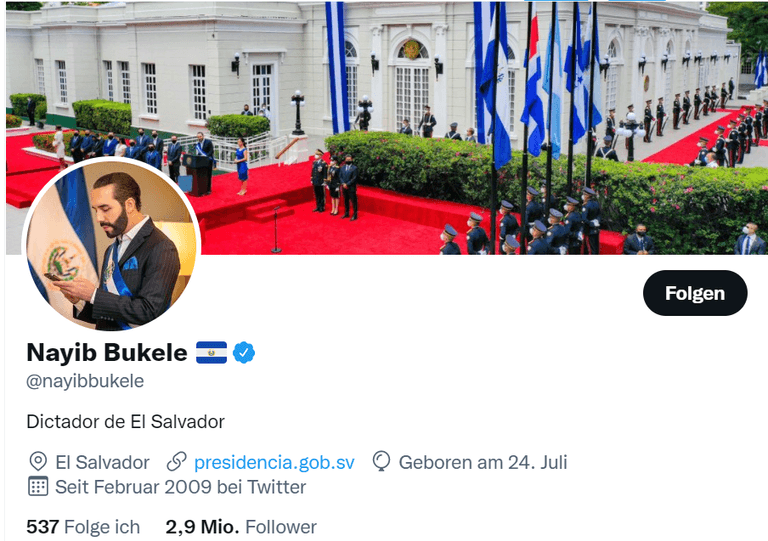 Nayib Bukele: Der Präsident von El Salvador nennt sich auf Twitter selbst Diktator.