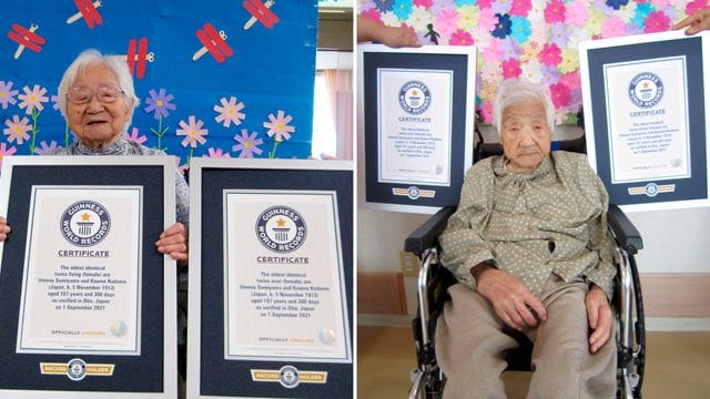 Die Schwestern Umeno Sumiyama (l) und Koume Kodama leben in verschiedenen Pflegeheimen auf der Insel Shodoshima und in der Präfektur Oita. Die Schwestern Umeno Sumiyama (l) und Koume Kodama leben in verschiedenen Pflegeheimen auf der Insel Shodoshima und in der Präfektur Oita.