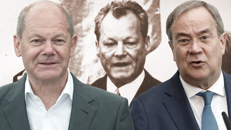 Olaf Scholz, Willy Brandt und Armin Laschet (Bildcollage t-online): Die heutigen Kandidaten fürs Kanzleramt könnten sich noch wundern, Altkanzler Brandt mache es vor.