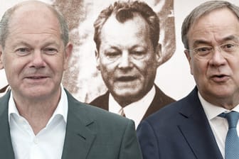 Olaf Scholz, Willy Brandt und Armin Laschet (Bildcollage t-online): Die heutigen Kandidaten fürs Kanzleramt könnten sich noch wundern, Altkanzler Brandt mache es vor.