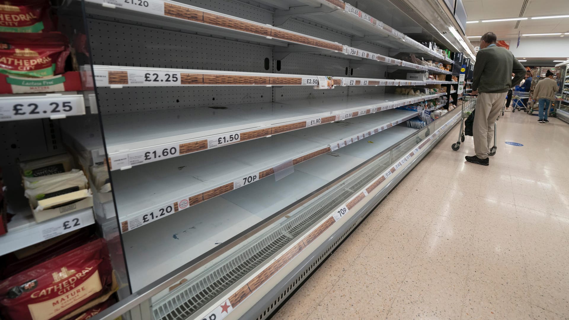 Leere Regale in einem Tesco-Supermarkt in Manchester: Weil Lkw-Fahrer fehlen, gehen den Briten die Lebensmittel aus.