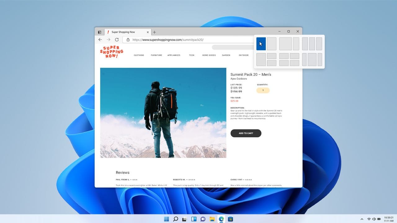 Praktische Snap-Layouts: Geht man oben rechts in einem Fenster auf das Maximieren-Icon, bekommt man Vorschläge, wie man alles ideal anordnen kann. Praktische Snap-Layouts: Geht man oben rechts in einem Fenster auf das Maximieren-Icon, bekommt man Vorschläge, wie man alles ideal anordnen kann.