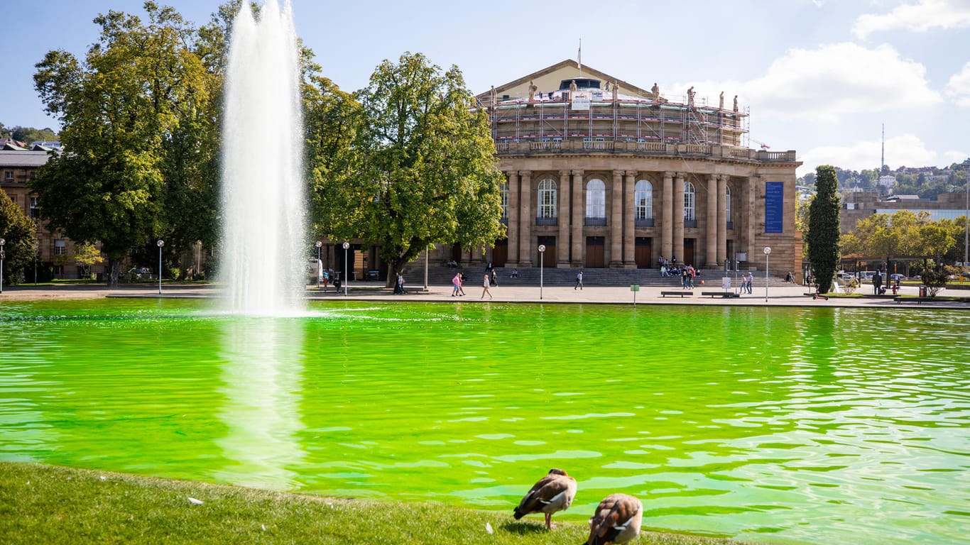 Grün verfärbt ist der Eckensee in der Stuttgarter Innenstadt. Unbekannte haben Farbe in die Brunnen am Schlossplatz und den Eckensee geschüttet.