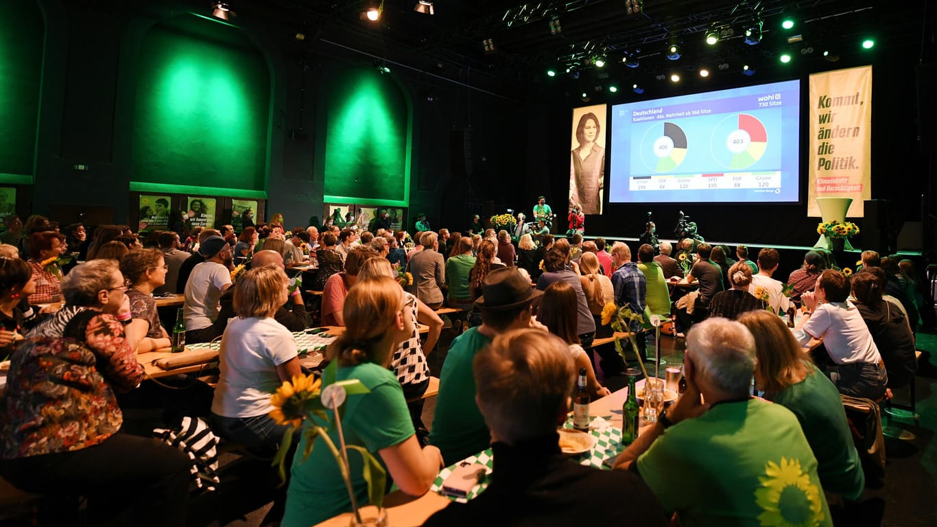 Parteimitglieder verfolgen auf der Wahlparty von Bündnis 90/Die Grünen in der Muffathalle die ersten Prognosen.