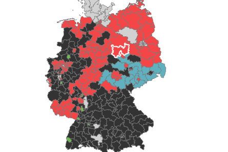 Die Farben stehen für die direkt gewonnenen Wahlkreise: CDU schwarz, SPD rot, Grüne grün und AfD blau.