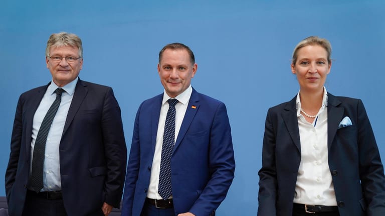 Spitzenkandidaten Alice Weidel und Tino Chrupalla, Co-Parteivorsitzender Meuthen (v.r.n.l.): Sie interpretieren das Ergebnis für die AfD sehr unterschiedlich.