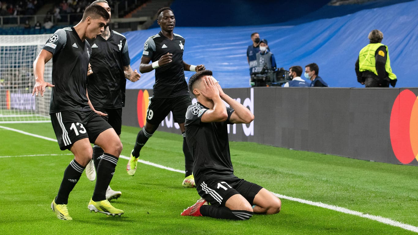 Wespen in Schwarz: Die Spieler von Sheriff Tiraspol feiern im Spiel gegen Real Madrid.