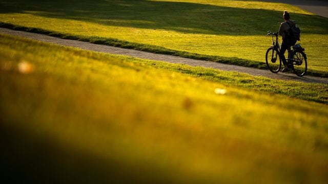 Eine Radfahrerin fährt am Morgen im Sonnenschein über den Osterdeich (Archivbild): Bremen war in den vergangenen Wochen das wärmste Bundesland.