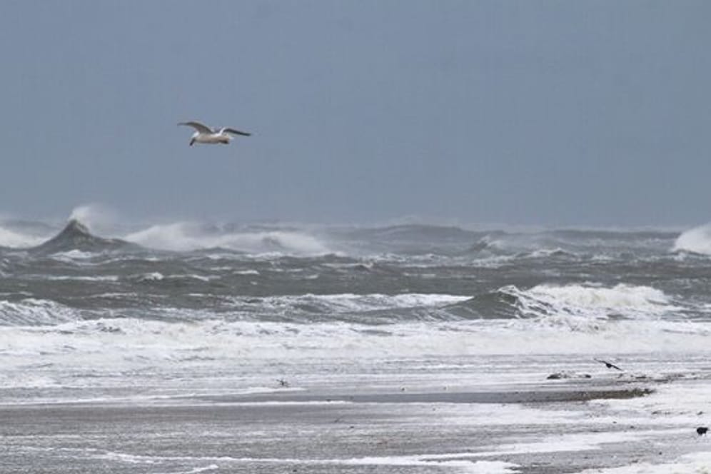 Eine Frau steht am Strand und beobachtet die aufgebrachte Nordsee