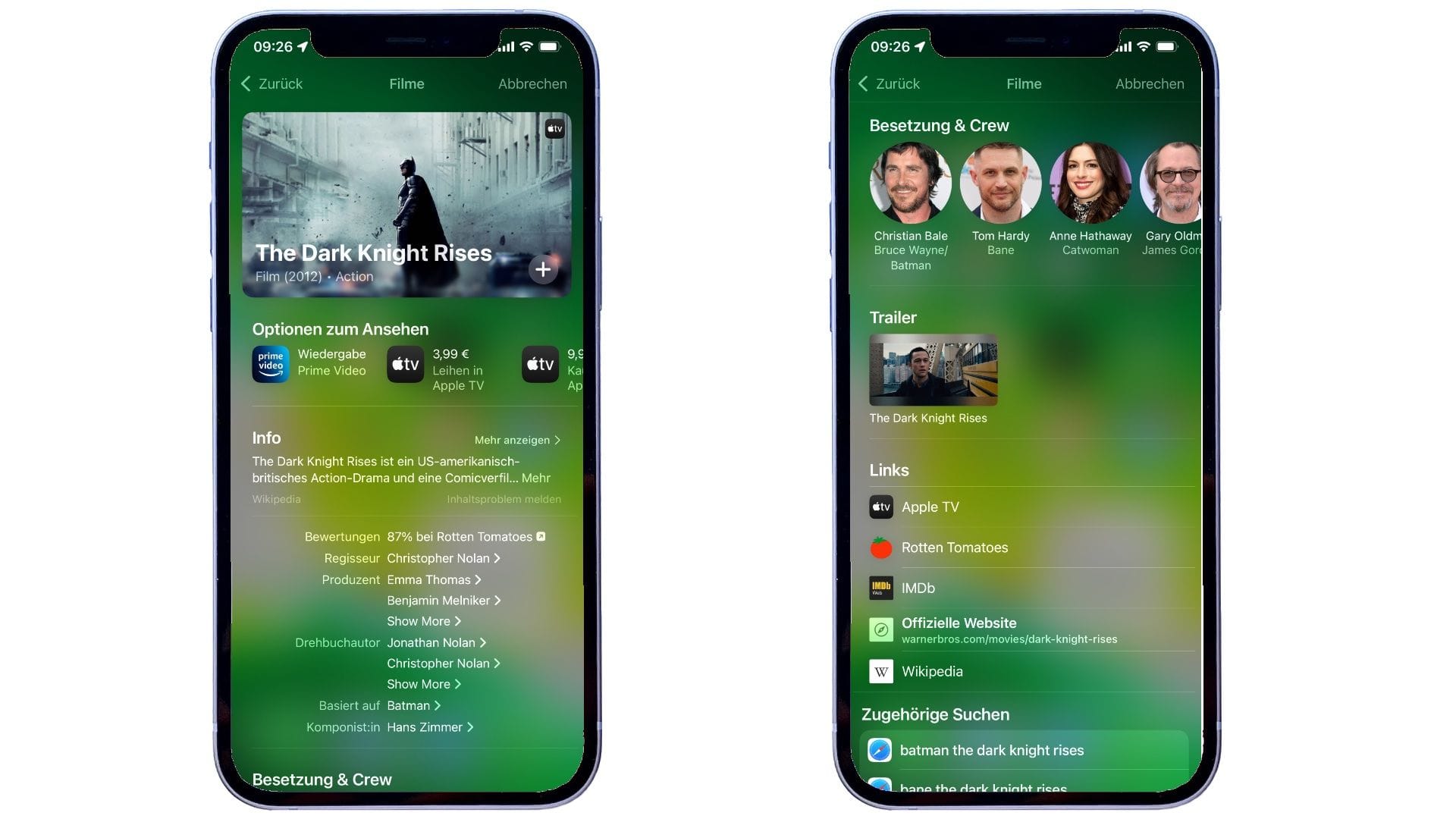 Sucht man nach einem Film- oder Serientitel – hier "Dark Knight Rises" – gibt es nun deutlich mehr Informationen. So findet iOS etwa installierte Apps, über die der Film direkt angeschaut werden kann (links). Ein Fingertipp auf die Symbole führt direkt zum Film. Scrollt man weiter nach unten (rechts) erhält man weitere Informationen zur Besetzung, kann einen Trailer schauen oder passende Links aufrufen.