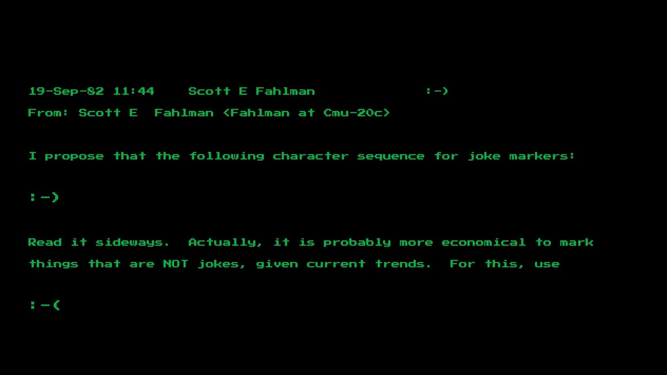 Eine Mail des Computerwissenschaftlers Scott Fahlman von der Universität Pittsburgh vom 19. September 1982: Die Nachricht zeigt Fahlmans Vorschlag der Zeichenkombination ":-)"