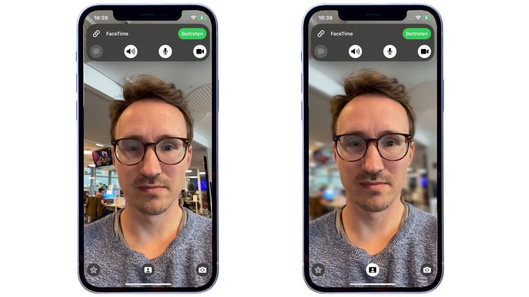 Facetime bietet ebenfalls einige Neuerungen. Lange erwartet worden war etwa die Option, den Hintergrund unscharf zu stellen. Hier imn Vergleich zwischen scharf (links) und unscharf (rechts).