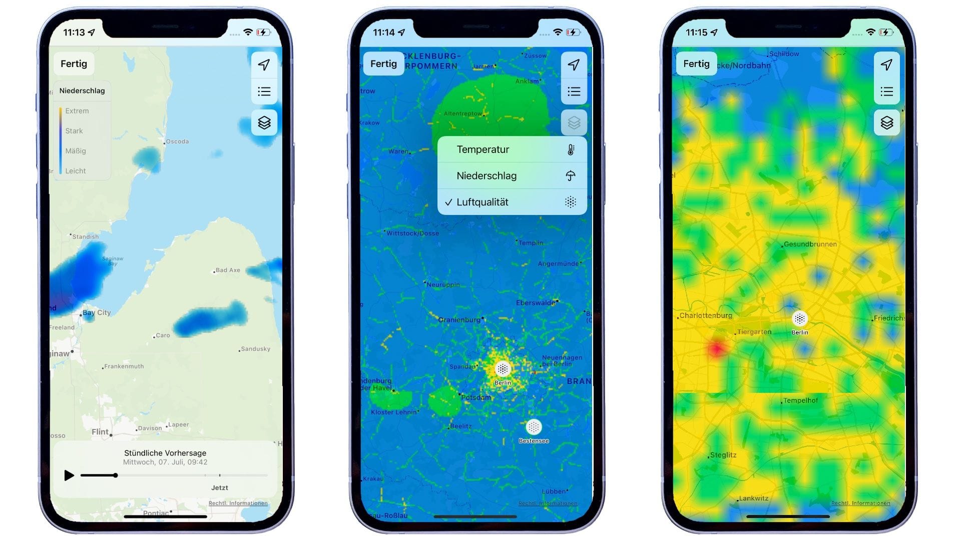 Wer in der Wetter-App auf den Kartenausschnitt tippt, bekommt eine Vollbildkarte angezeigt. Hier kann zwischen Temperatur, Niederschlag (links ) und Luftqualität (mitte und rechts) gewählt werden. Die Luftqualität ist in Großstädten sogar reicht kleinteiliig aufgeschlüsselt (rechts).