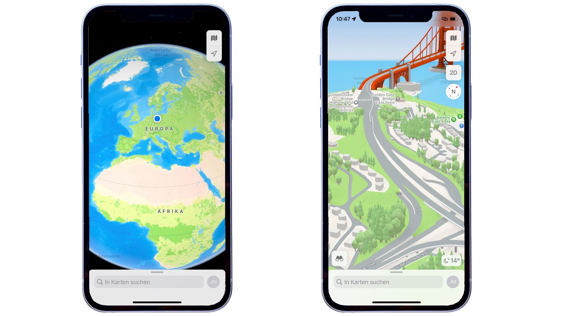 Apple Karten wurde erheblich aufgebohrt. Die tollsten Details gibt es bislang aber nur in einer Handvoll von Städten zu sehen. Allerdings wird jetzt die ganze Welt realistisch als Globus darstellt (links). Auf dem rechten Bild sieht man, wie Apple einzelne Gebäude in der 3D-Ansicht herausgearbeitet hat. Auch Topographie und Bäume sind sehr genau dargestelllt.