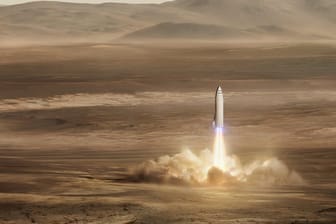 Die von dem Raumfahrtunternehmen SpaceX zur Verfügung gestellte Computergrafik zeigt ein geplantes Raumschiff auf dem Mars.