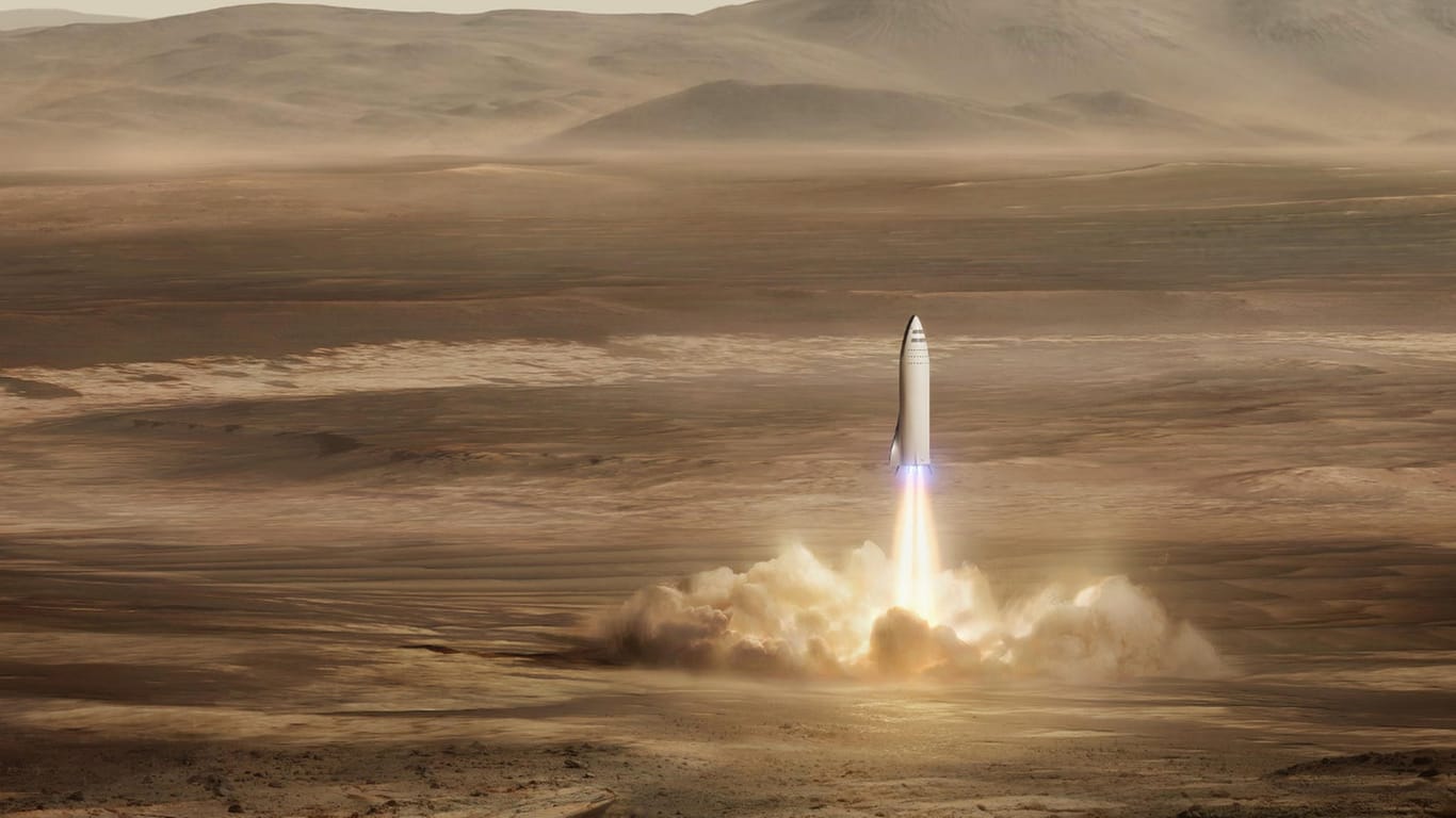Die von dem Raumfahrtunternehmen SpaceX zur Verfügung gestellte Computergrafik zeigt ein geplantes Raumschiff auf dem Mars.