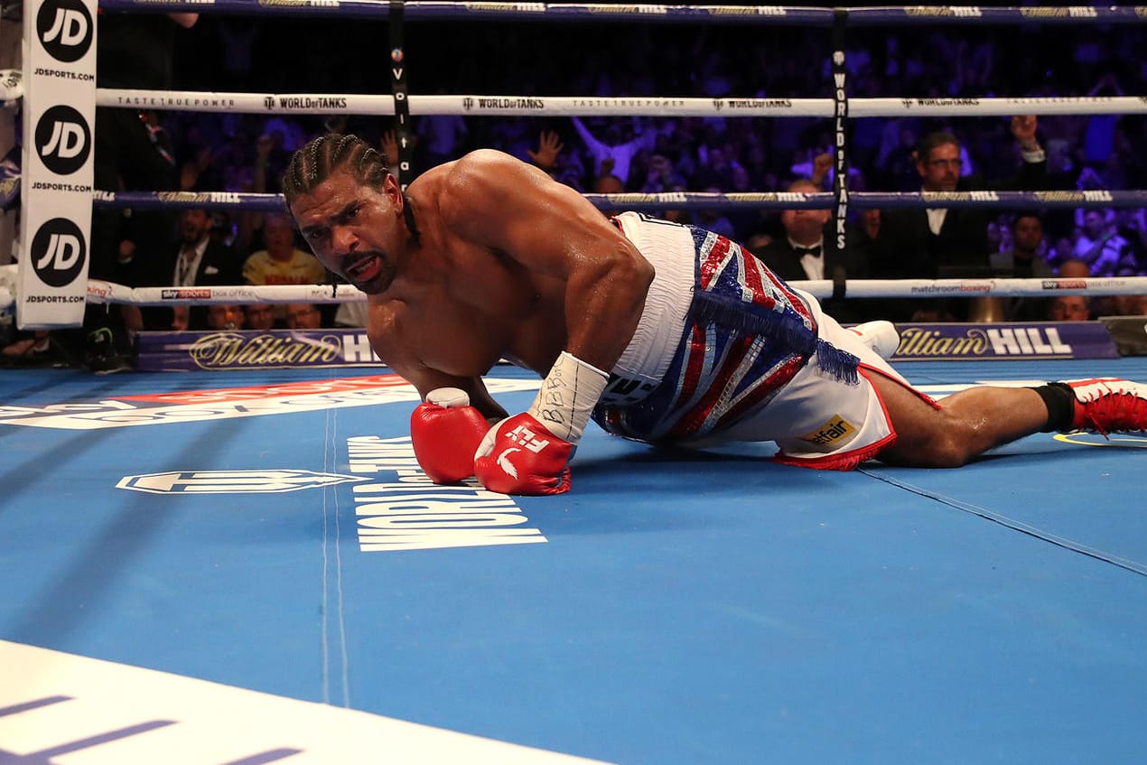 David Haye liegt nach einem Niederschlag von Bellew auf dem Ringboden. Es war wohl sein letzter Kampf.