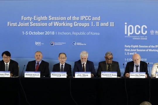 Hoesung Lee (M), Vorsitzender des Weltklimarats, und weitere Mitglieder bei einer Pressekonferenz in Incheon.