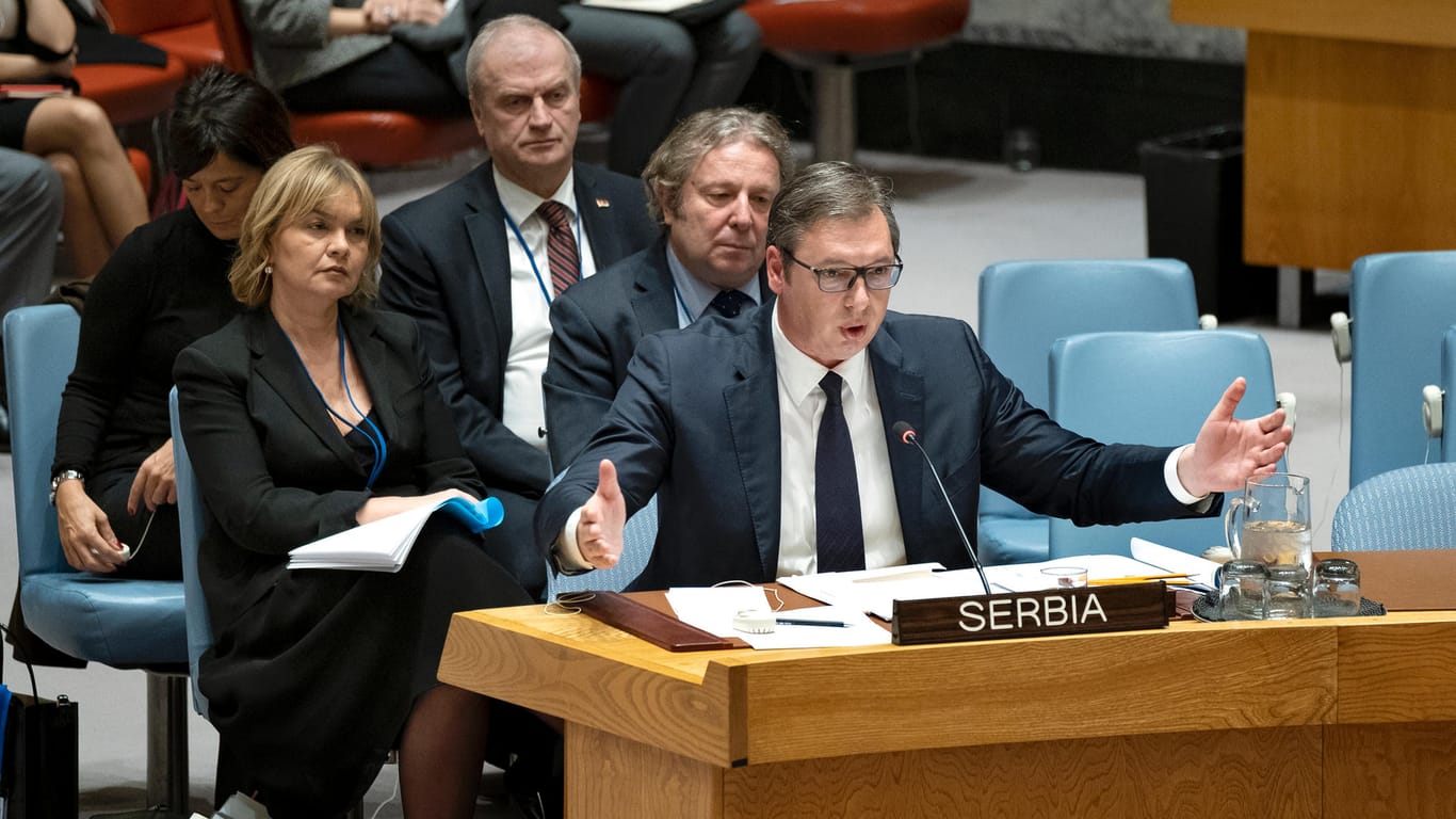 Aleksandar Vucic spricht während eines Treffens des UN-Sicherheitsrates: Der Präsident von Serbien verwarf dagegen das "sogenannte souveräne Recht" des Kosovos auf eine reguläre Armee.
