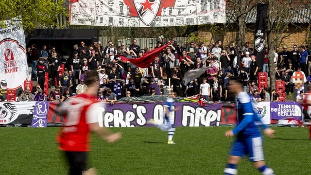 Fußballfans der Tennis Borussia Berlin (r) schauen sich mit Fans von Roter Stern Leipzig gemeinsam ein Spiel gegen den VfB Zwenkau an. Fußballfans der Tennis Borussia Berlin (r) schauen sich mit Fans von Roter Stern Leipzig gemeinsam ein Spiel gegen den VfB Zwenkau an.