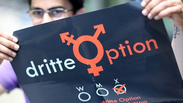 Die intersexuelle Vanja steht mit einem Plakat für eine dritte Option. Die intersexuelle Vanja steht mit einem Plakat für eine dritte Option.