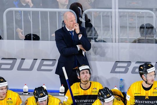 Hinter den Spielern auf der Bank verfolgt Bundestrainer Toni Söderholm das Testspiel gegen WM-Mitfavorit USA.