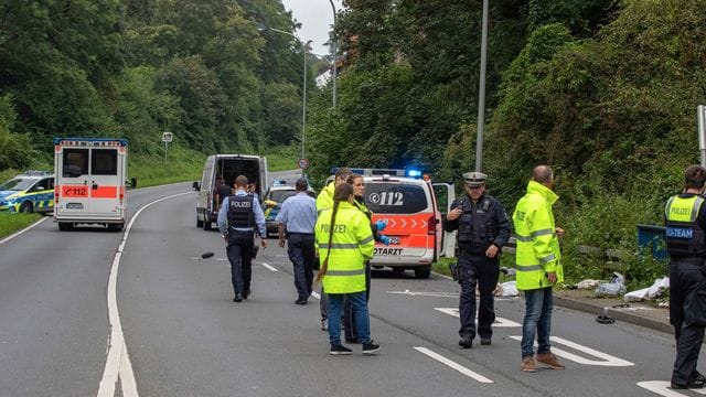 Polizisten stehen am Unfallort, wo ein Kleintransporter eine Mutter und ihr Kind erfasst und tödlich verletzt hat. Polizisten stehen am Unfallort, wo ein Kleintransporter eine Mutter und ihr Kind erfasst und tödlich verletzt hat.