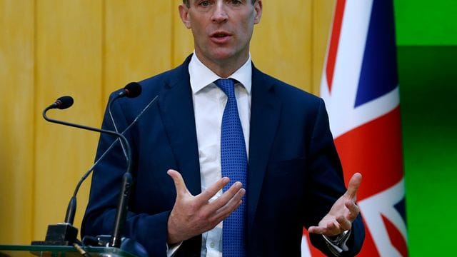 Großbritanniens Außenminister Dominic Raab, Außenminister bei einer Pressekonferenz. Großbritanniens Außenminister Dominic Raab, Außenminister bei einer Pressekonferenz.