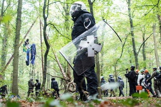 Polizisten stehen im September 2018 vor einer Barrikade im Hambacher Forst, in der sich eine Aktivistin festgebunden hat.