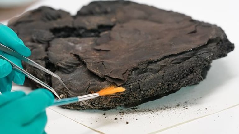 Eine Restauratorin reinigt mit Pinsel und Pinzette eine 79 Jahre alte Nusstorte in der Werkstatt der Lübecker Stadtarchäologie.