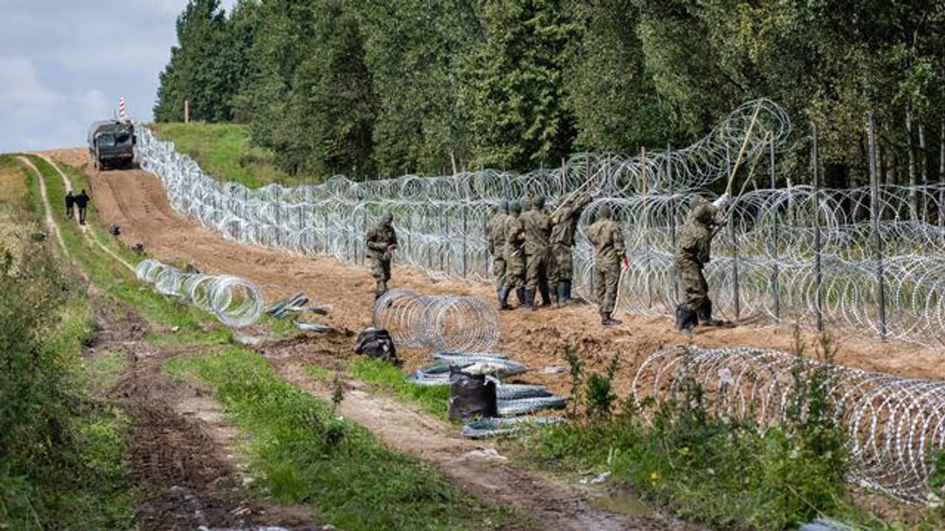 Polnische Soldaten errichteten Anfang September einen Stacheldrahtzaun entlang der belarussischen Grenze: In dem Grenzgebiet sind mehrere Leichen gefunden worden.