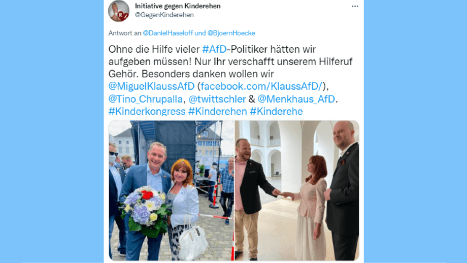 Besonderer Dank: Natalja V. von @GegenKinderehen mit dem AfD-Vorsitzenden Tino Chrupalla und mit dem "Kinderkongress"-Veranstalter, der sagt, dass er "@GegenKinderehen" nicht kennt.