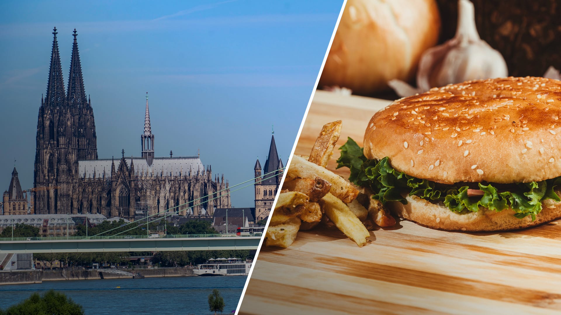 Kölner Dom und Burger (Montage): In Köln will ein Youtuber kostenloses Essen verteilen. Kölner Dom und Burger (Montage): In Köln will ein Youtuber kostenloses Essen verteilen.