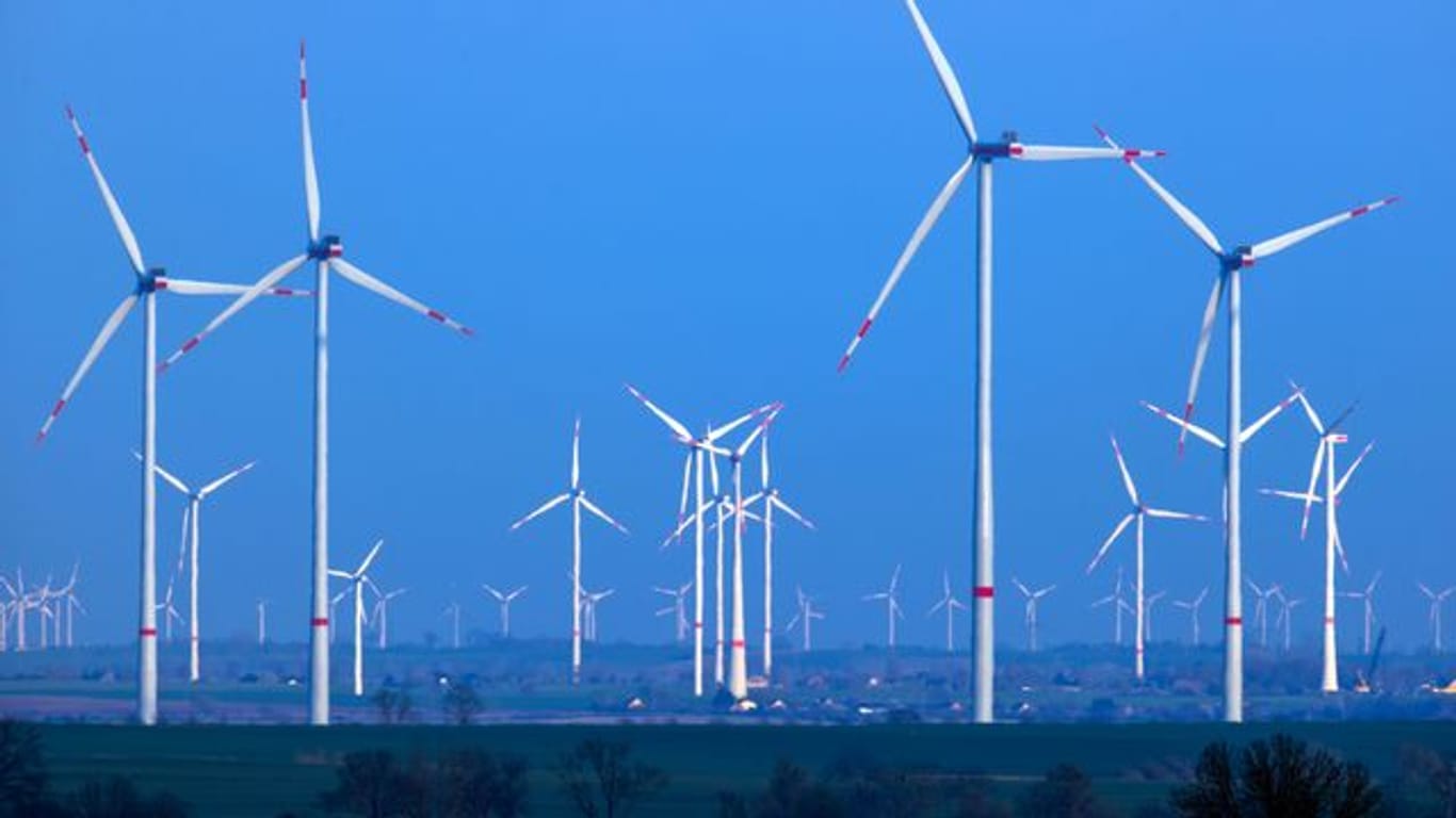 Ein Windpark nach Sonnenuntergang (Archivbild): Die Mehrheit der Ostdeutschen möchte, dass Klimaschutz sie persönlich nichts kostet.