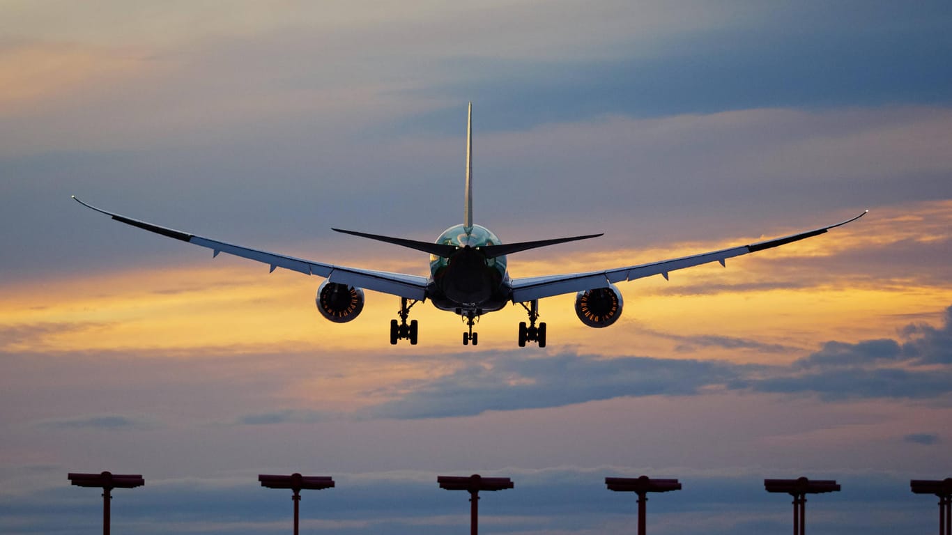 Ein Flugzeug bei der Landung (Symbolbild): Die Luftfahrt will klimaneutral werden.