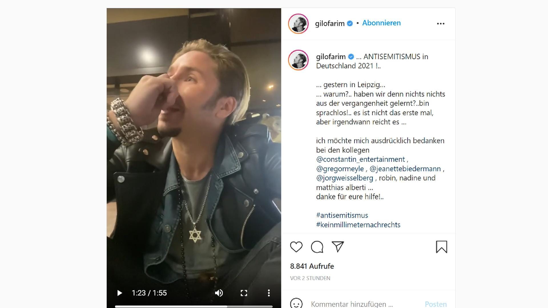 Gil Ofarim ist sichtlich angefasst: Der Sänger berichtete in einem Dienstag veröffentlichten Video, wie er in dem Hotel antisemitisch diskriminiert worden sei.