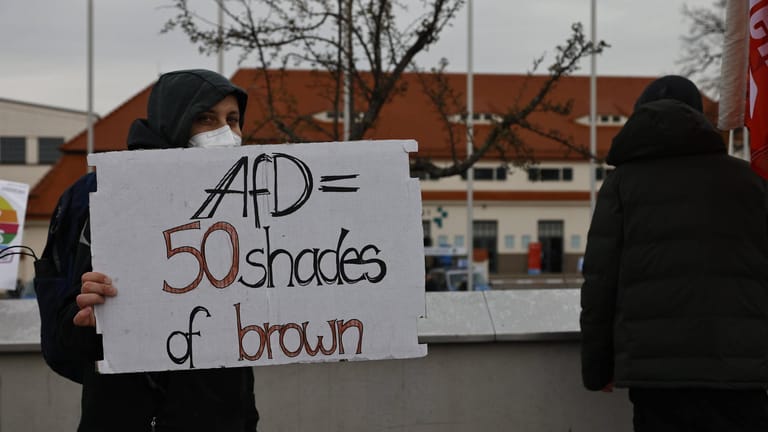 Protest gegen den Bundesparteitag der AfD im April in Dresden (Archivbild): Mindestens die Hälfte der sächsischen AfD-Mitglieder wird vom Verfassungsschutz als rechtsextremistisch eingestuft.