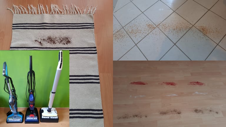 Neben dem normalen Alltagsgebrauch müssen sich die drei Saugwischer im Test auch diesen Herausforderungen stellen: Auf Laminat müssen sie gegen Kaffeepulver, Butter und Marmelade ankommen, auf Fliesen gegen Katzenstreu und Duschgel. Da das Modell von Bissell auch für Teppiche geeignet ist, muss es sich zusätzlich auf einem Läufer beweisen.
