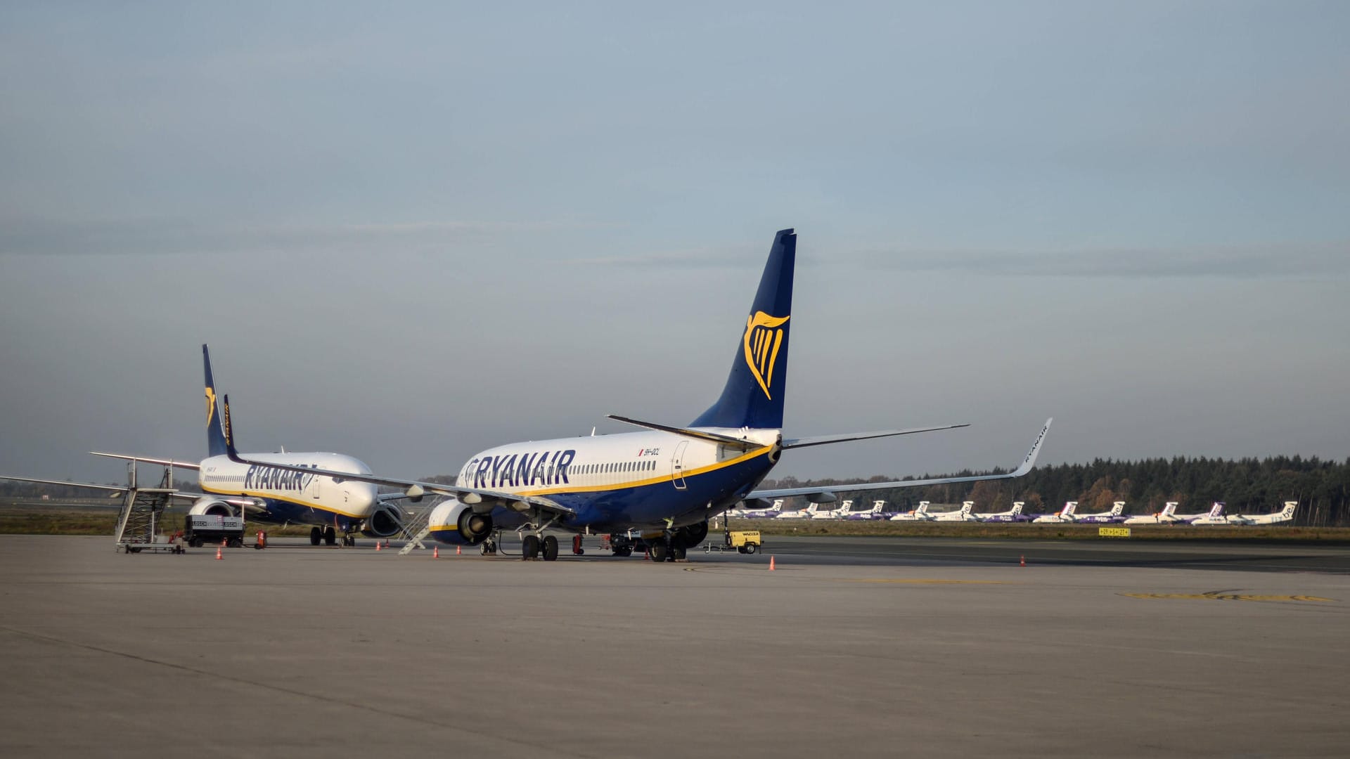 Zwei Flugzeuge der Ryanair am Flughafen Niederrhein in Weeze (Archivbild). Ein Auto war am Sonntag durch den Zaun gebrochen und neben der Landebahn gefahren.