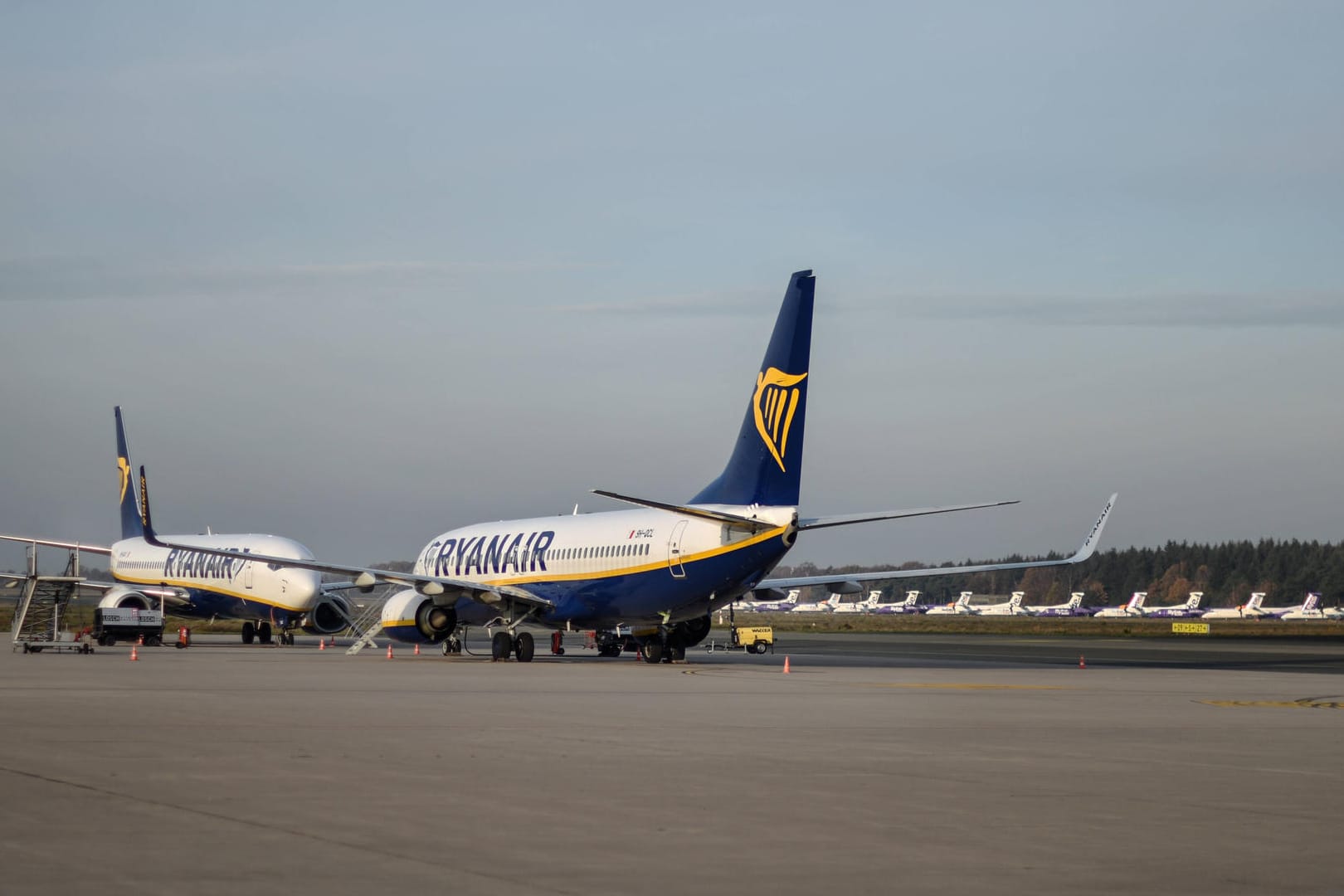 Zwei Flugzeuge der Ryanair am Flughafen Niederrhein in Weeze (Archivbild). Ein Auto war am Sonntag durch den Zaun gebrochen und neben der Landebahn gefahren.