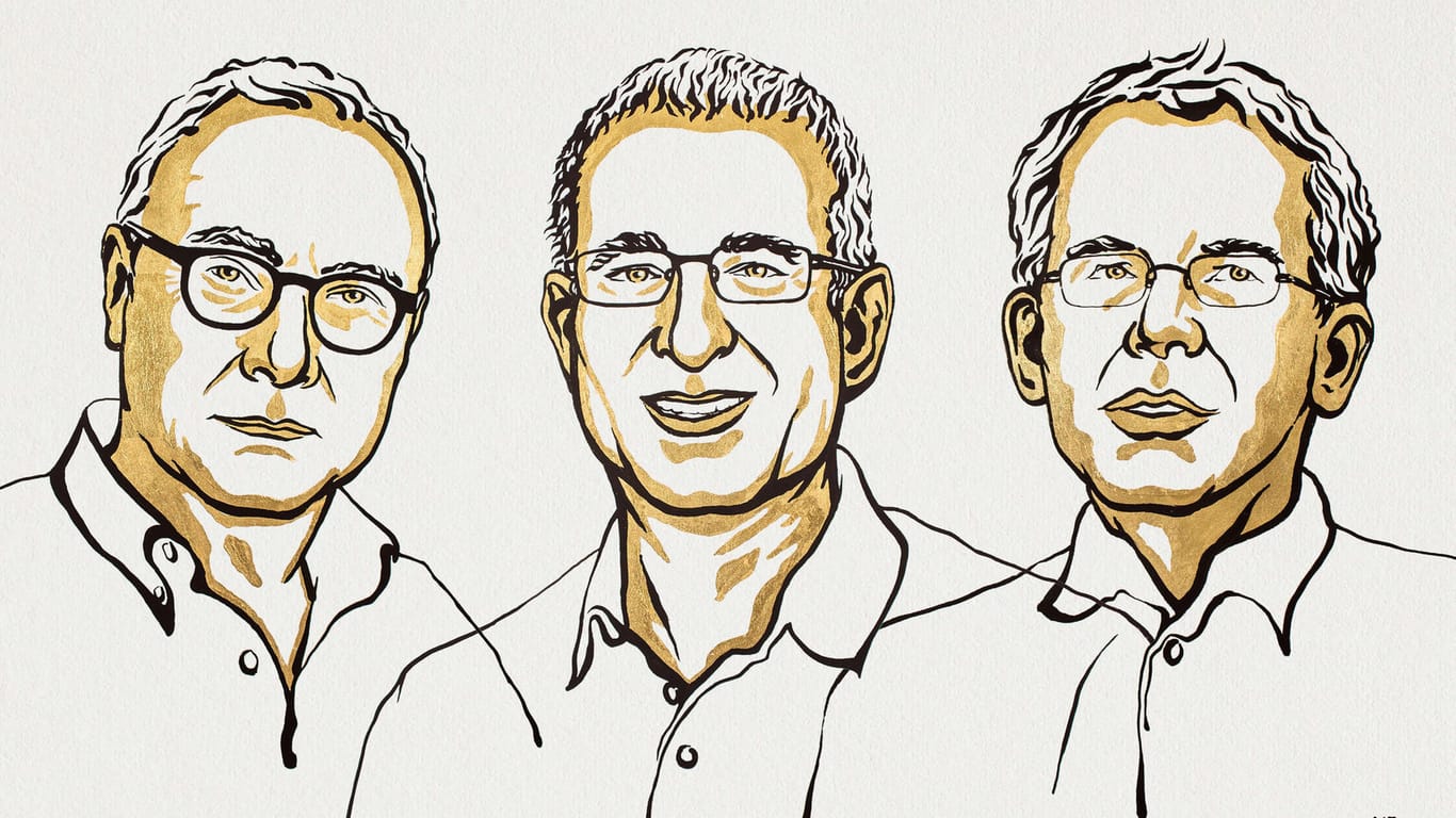Die Illustration zeigt David Card, Joshua Angrist und Guido Imbens (von links nach rechts): Der Nobelpreis für Wirtschaftswissenschaften geht in diesem Jahr an die drei Forscher.