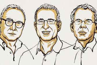Die Illustration zeigt David Card, Joshua Angrist und Guido Imbens (von links nach rechts): Der Nobelpreis für Wirtschaftswissenschaften geht in diesem Jahr an die drei Forscher.