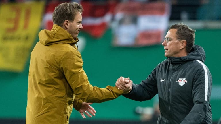 Julian Nagelsmann und Ralf Rangnick (r.): Zu diesem Zeitpunkt war Rangnick Trainer bei RB, Nagelsmann noch Coach von der TSG Hoffenheim.