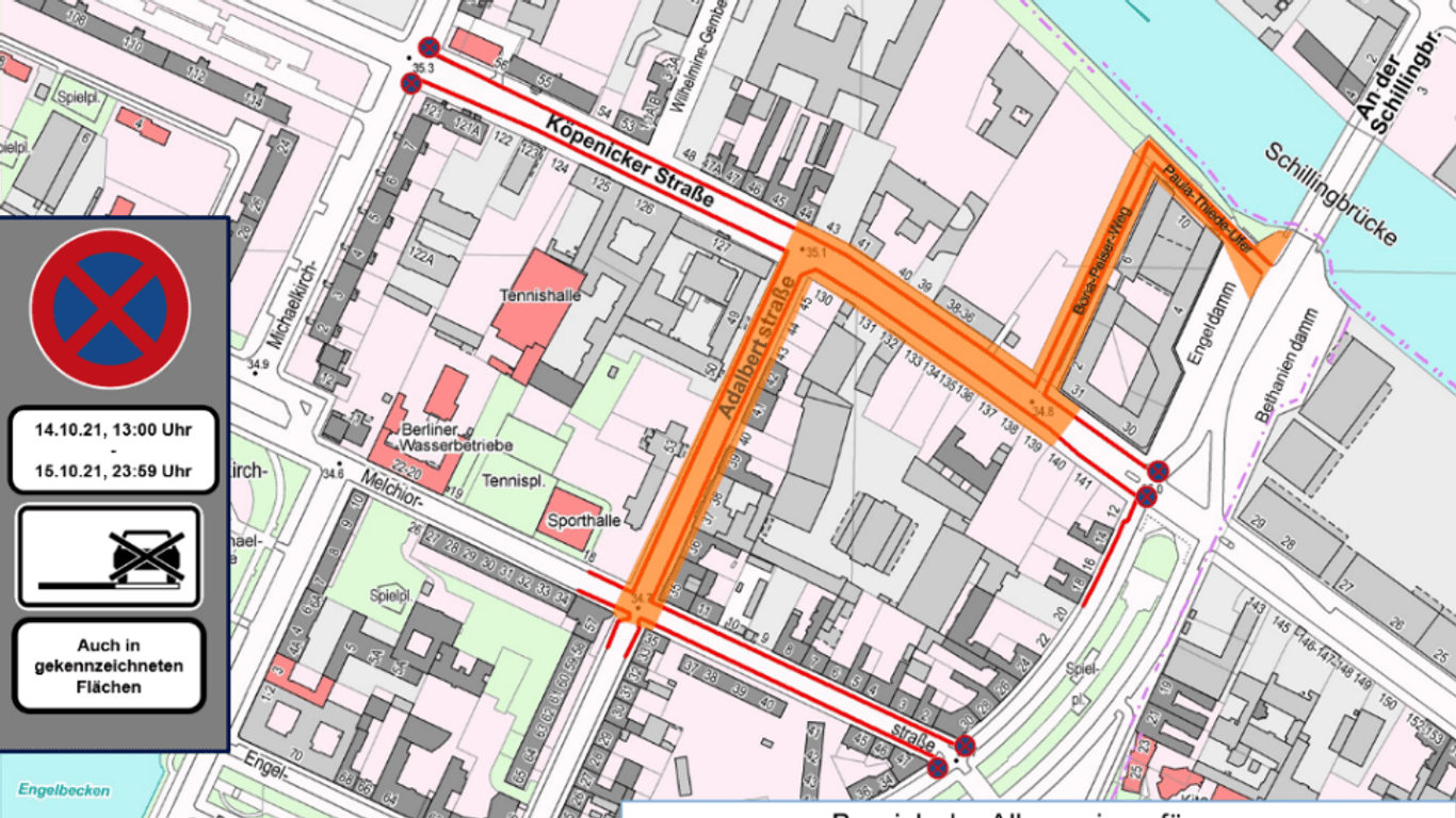 Der gesperrte Bereich rund um die Köpenicker Straße: Hier dürfen auch keine Fahrzeuge abgestellt werden.