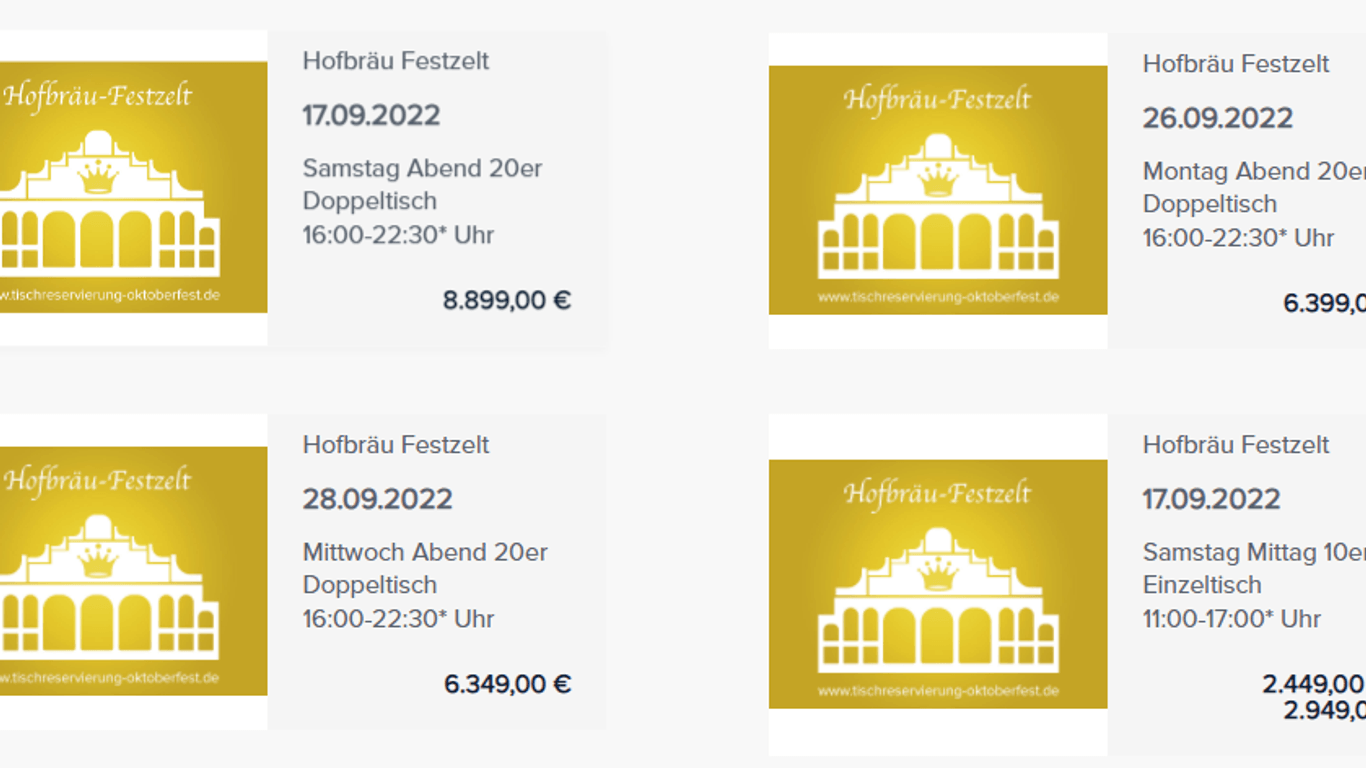 Screenshot des Angebots auf tischreservierung-oktoberfest.de: 8.899 Euro für einen Abend auf dem Oktoberfest.