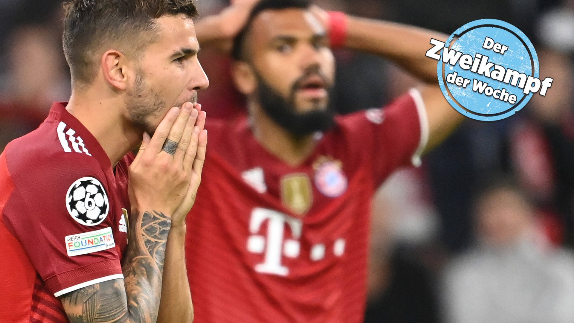 Enttäuscht nach einer vergebenen Chance beim 5:0 gegen Dynamo Kiew in der Champions League: Lucas Hernández (l.) und Eric-Maxim Choupo-Moting.