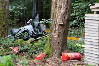 Trümmerteile eines Hubschraubers vom Typ Robinson R44 liegen in einem Wald: Bei dem Vorfall starben drei Menschen.