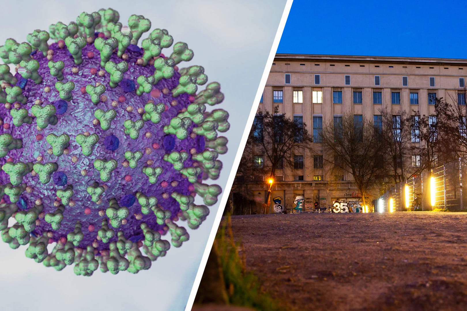 Laserlicht und Menschen vor dem Berghain (Archivbild/Montage): Im Club haben sich mehrere Menschen mit Covid-19 angesteckt.