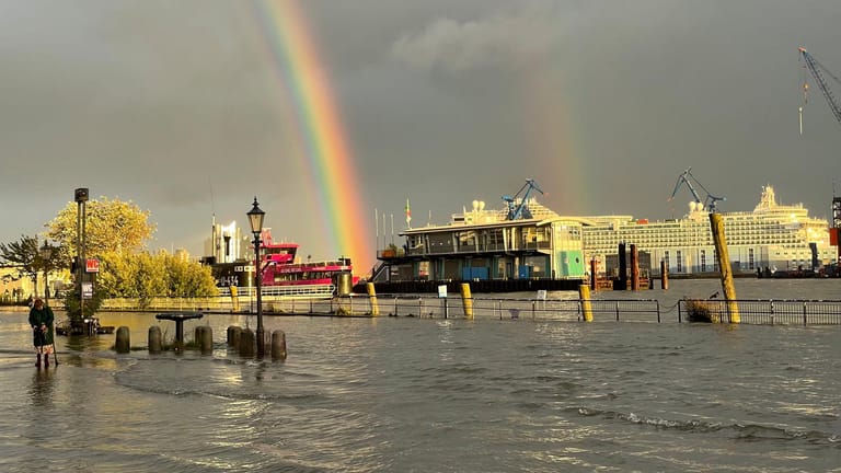 Regenbogen über dem Hamburger Hafen: Die Elbe setzte den Fischmarkt unter Wasser.