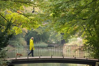 Eine Frau geht mit ihrem Hund in einem Park über eine Brücke